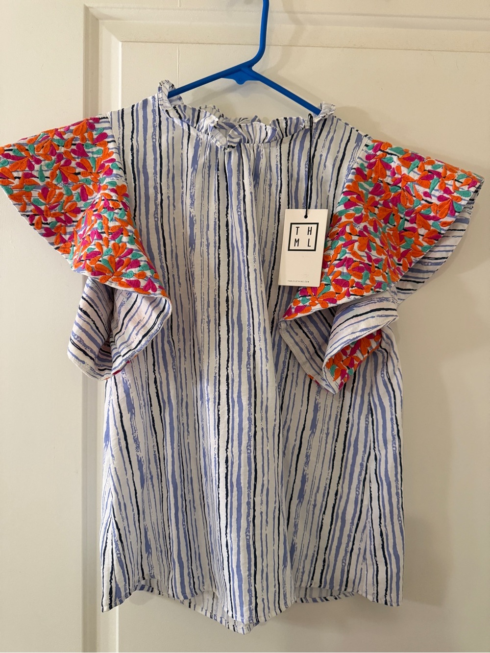 NWT THML Blue Striped Top with Floral Ruffle Sleeves